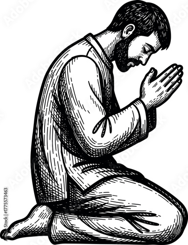 Bearded Man Kneeling and Praying - Engraving Style Black and White Vector