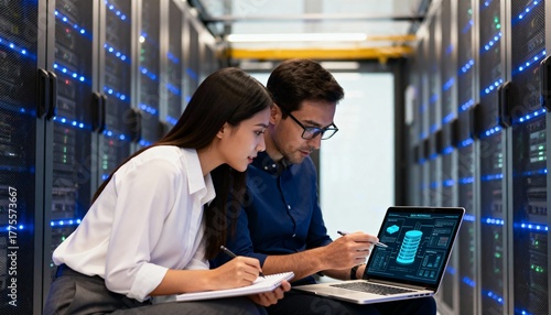 IT engineers collaborating in a data center. Man and woman analyzing server data on a laptop. Information technology and teamwork concept