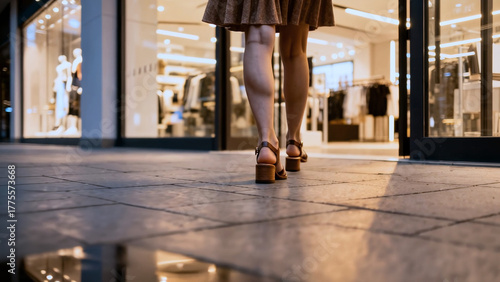 Stylish woman walks confidently in high heels through modern shopping mall. Elegant female legs heading to store for shopping. Fashion, lifestyle, elegance and urban sophistication concept