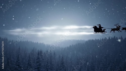 Santa Claus and his reindeer sleigh flying over a snowy forest at night delivering presents for Christmas.