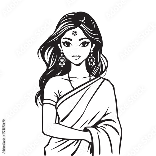 Beautiful indian woman wearing a traditional sari illustration.