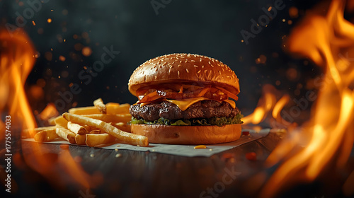 Juicy burger with fries on fire, delicious meal