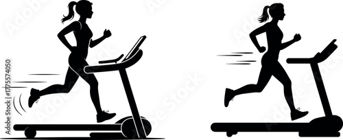 Fast Running Woman on Treadmill - Speed Fitness Training Black Silhouette Vector