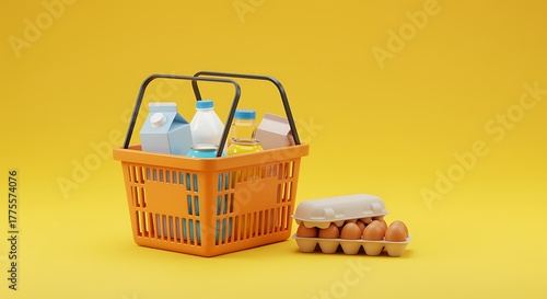 Fresh Groceries in a Shopping Basket on a Yellow Background a Minimalist Rendered Scene Full of Essential Items