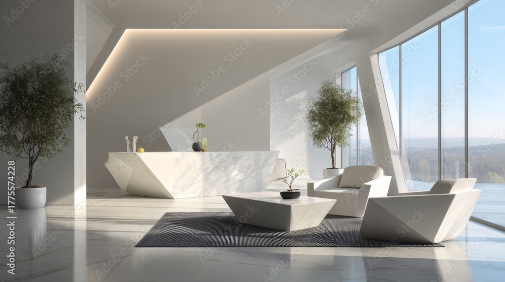 Fototapeta premium Modern White Living Room with Geometric Furniture and Large Windows for Bright Atmosphere