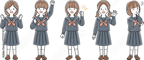 制服姿の女子学生の全身イラストセット・様々なポーズと表情（ガッツポーズ、手を振る、悩む）