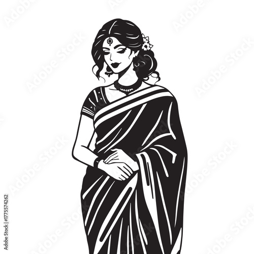 Beautiful indian woman wearing a traditional sari illustration.