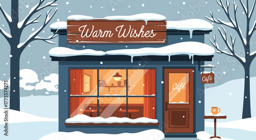 Charming snow-covered 'Warm Wishes' shop, warmly lit on a festive winter day, ideal for holiday season greetings
