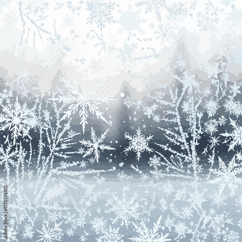Elegant winter wonderland background with sparkling snowflakes and intricate frosty patterns, perfect for seasonal designs and holiday projects