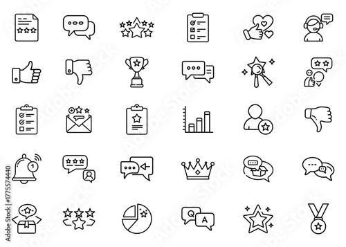 Review Icons Set – 30 Minimal Line Art Vector Illustrations of Feedback, Rating, and Customer Evaluation
