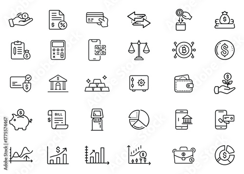 Finance Icons Set – 30 Minimal Line Art Vector Illustrations of Money, Banking, and Investment Concepts
