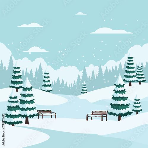 A picturesque winter wonderland park scene blanketed in fresh snow, offering a tranquil escape during the serene natal season