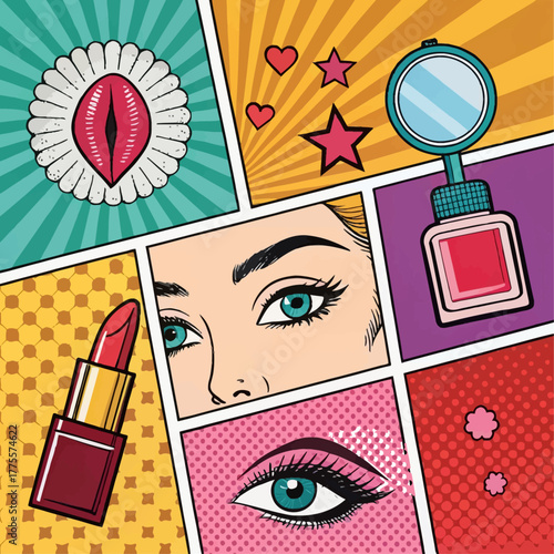 Vibrant beauty pop art style graphic illustration showcasing makeup, eyes, lips, and cosmetic products for modern fashion and beauty industry design projects