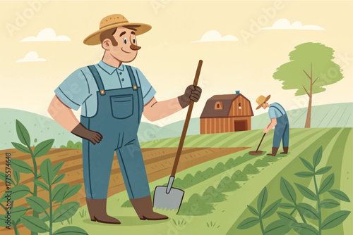 Heartland farmer tending crops with shovel on vibrant farmland, celebrating agriculture and rural life, originally a scalable vector graphic