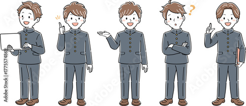 制服姿の男子学生の全身イラストセット・様々なポーズと表情（ノートパソコン、説明、案内、疑問）