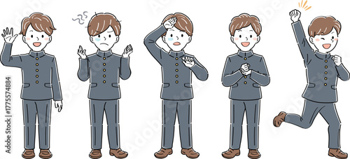 制服姿の男子学生の全身イラストセット・様々なポーズと表情（手を振る、不安、苦悩、納得）