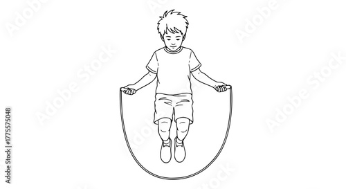 Vector of a child jumping rope, clean outline drawing, black and white, isolated