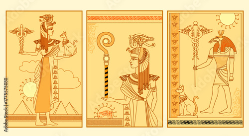 Set of templates for travel company. Stylized fantasy illustrations with Ancient Egyptian motifs is  ready for your project. Antique drawings for banner, flyers, postcard, poster. Hand drawn vector.