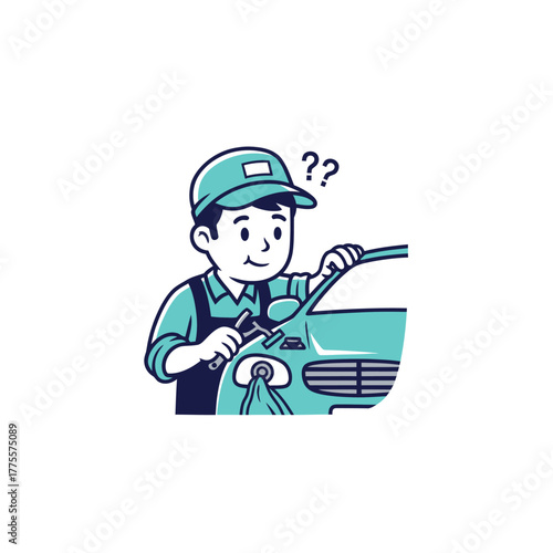 Confused mechanic troubleshooting car engine service repair cartoon illustration