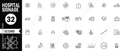 Collection of 32 hospital signage icons for medical facilities and healthcare services