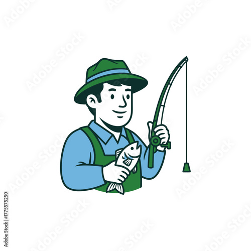 Cartoon fisherman holding freshly caught fish with rod