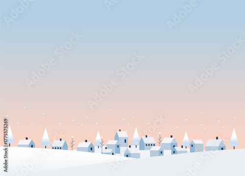 Obraz na płótnie A serene and minimalist illustration of a snowy winter village at dawn or dusk