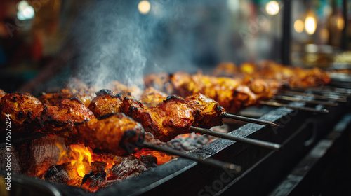 Close up of chicken skewers grilling over hot coals with smoke rising in a blurred background