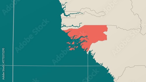 Guinea-Bissau map. Animated zoom into the country on the Globe in Teal Pale Mint color palette. Country logo animation. Map with meridians, parallels. Modern video.