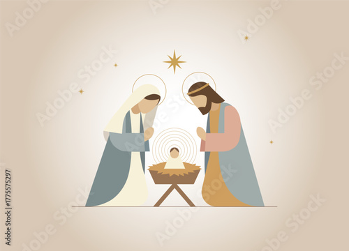 A serene, minimalist illustration of the Nativity scene, depicting the birth of Jesus Christ. This image evokes feelings of peace, holiness, and the true spirit of Christmas.