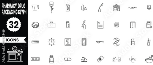 Collection of 32 pharmacy and healthcare related line icons for medical services and products