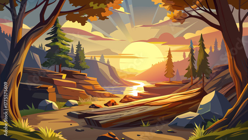 Very beautiful view of Cedar Bluff State Park, Kansas, USA, featuring the setting sun shining through sunken tree logs, casting warm golden light over the serene natural landscape.