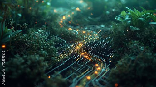 Tech pathways through lush greenery, a futuristic scene