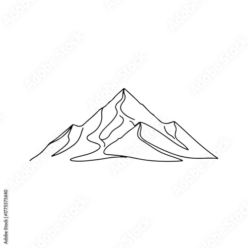 Minimalist Line Art Icon of Majestic Mountains with Ski Slopes, Evoking Adventure and Outdoor Recreation