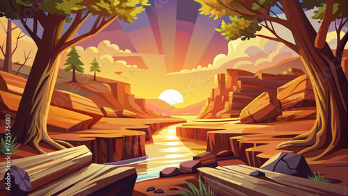 Very beautiful view of Cedar Bluff State Park, Kansas, USA, featuring the setting sun shining through sunken tree logs, casting warm golden light over the serene natural landscape.