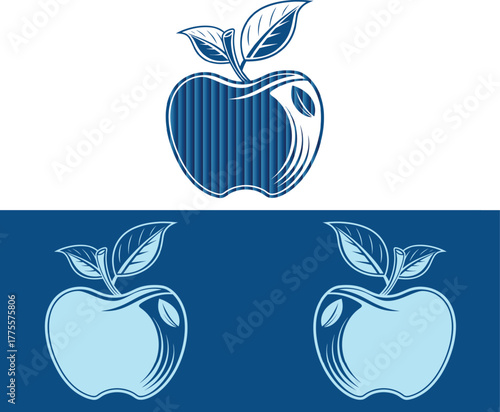 Stylized blue apples with leaves in a repeating pattern on white and dark blue background