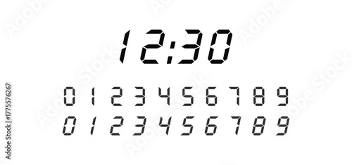 Digital display of black numbers in seven-segment style, including scoreboard, clock, stopwatch, calculator, and electronic meter icons.
