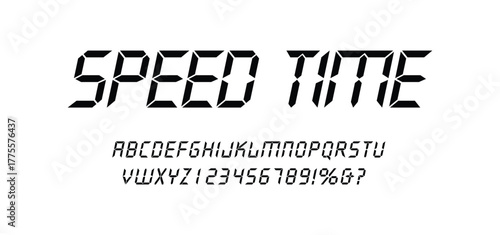 Digital Display Font with Alarm Clock Letters, Electronic Alphabet, Retro Calculator Symbols, LCD Monitor Characters, and Scoreboard Digits. Vector EPS 10