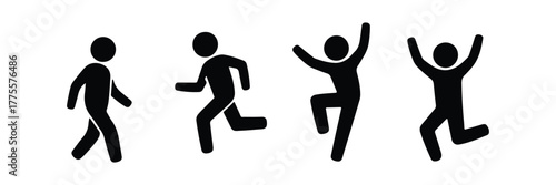 Black Silhouette People Walking, Running, Jumping and Celebrating in Joyful Illustration