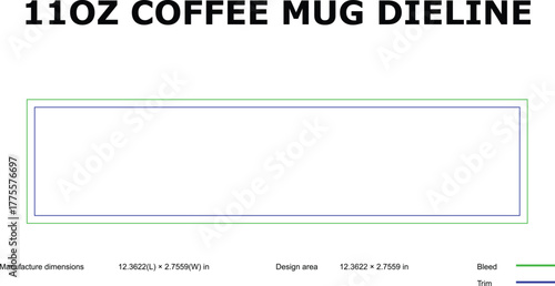 11oz Coffee Mug Dieline Template with Bleed and Trim Lines for Print and Packaging Design
