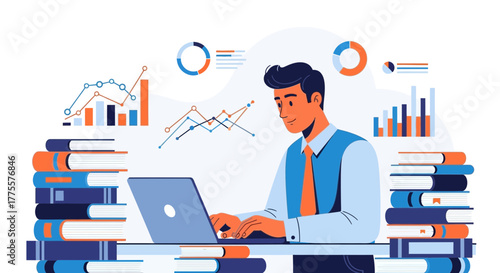 Business Analyst Working On His Laptop Amidst Financial Data Charts And Books