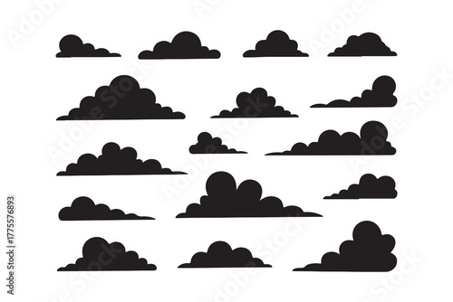 Collection of Black Clouds, Silhouettes of Different Sizes and Shapes on White