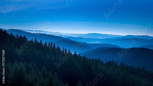 Serene blue mountain range with forest landscape