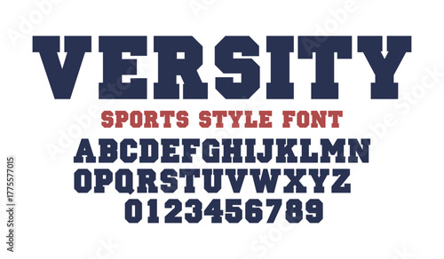 Varsity college font. Vintage sport font in American style for football baseball or basketball logos and t-shirt. Athletic department typeface varsity style font. Vector