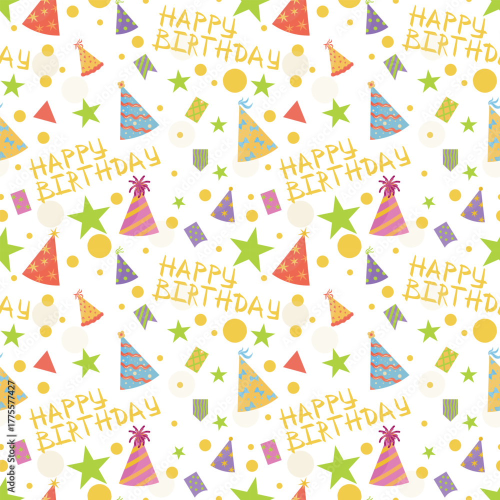 Fototapeta premium Happy birthday seamless pattern. Party hats, geometric elements. Holiday party background. Vector illustration