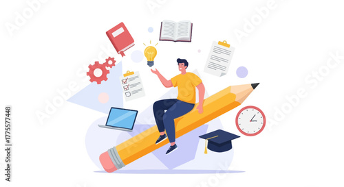 Conceptual Illustration Depicting Learning, Ideas, and Education on a Large Pencil to Succeed