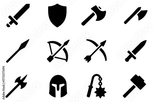 minimalistic black vector icon set featuring a warrior silhouette with a helmet, sword, and shield, symbolizing medieval chivalry, defense, and battle.