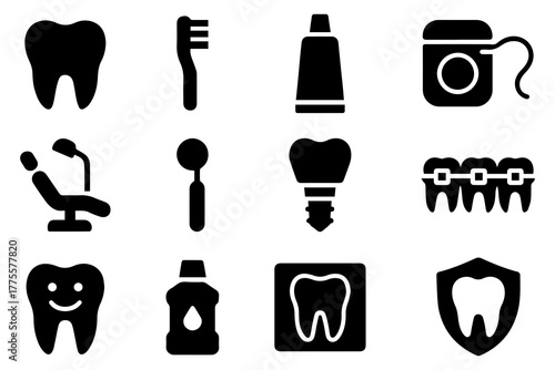 Dental related vector glyph icons set. Included icons dental chair, toothpaste, dental tools, dental floss, caries, toothbrush, toothpaste, toothache, implant.