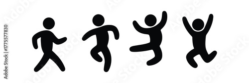 Silhouette Figures Progressing from Walking to Jumping, Black Silhouettes Against White