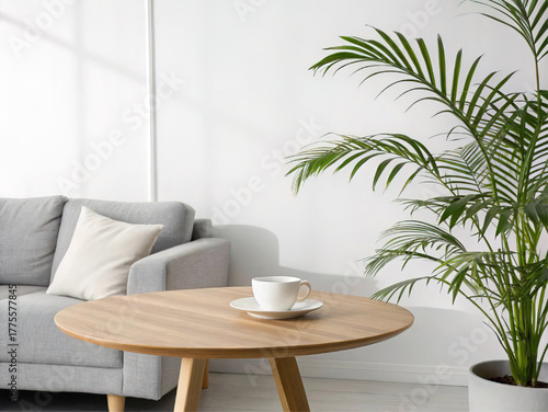 A modern living room interior with a grey sofa and wood table. This vector background shows a white cup and green plant. A minimal, cozy home design concept.