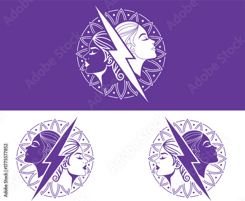 Abstract illustration of two opposing female profiles divided by a lightning bolt and intricate mandala design